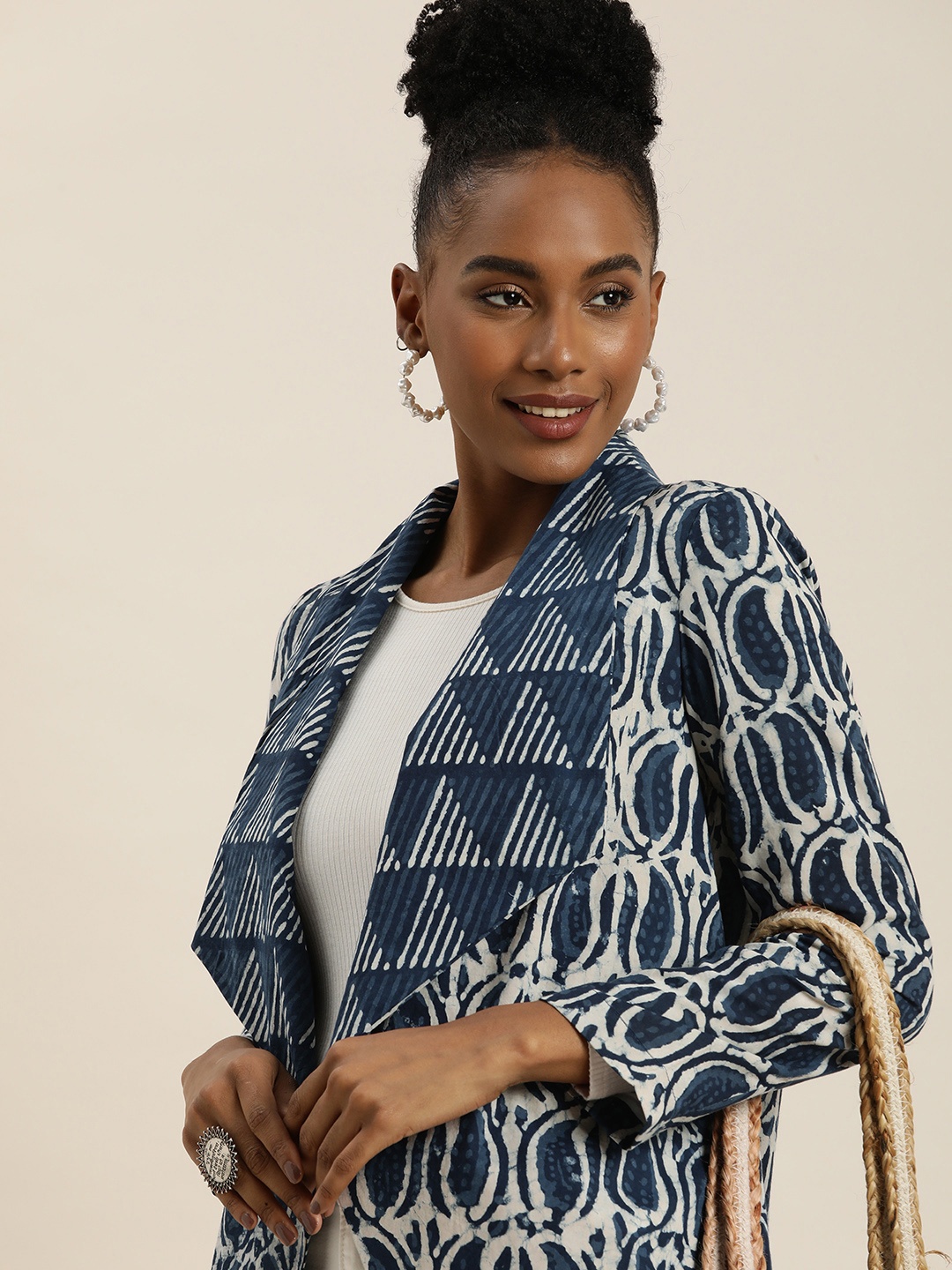 

Taavi Women Indigo Printed Ethnic Pure Cotton Jacket Style Shrug, Blue