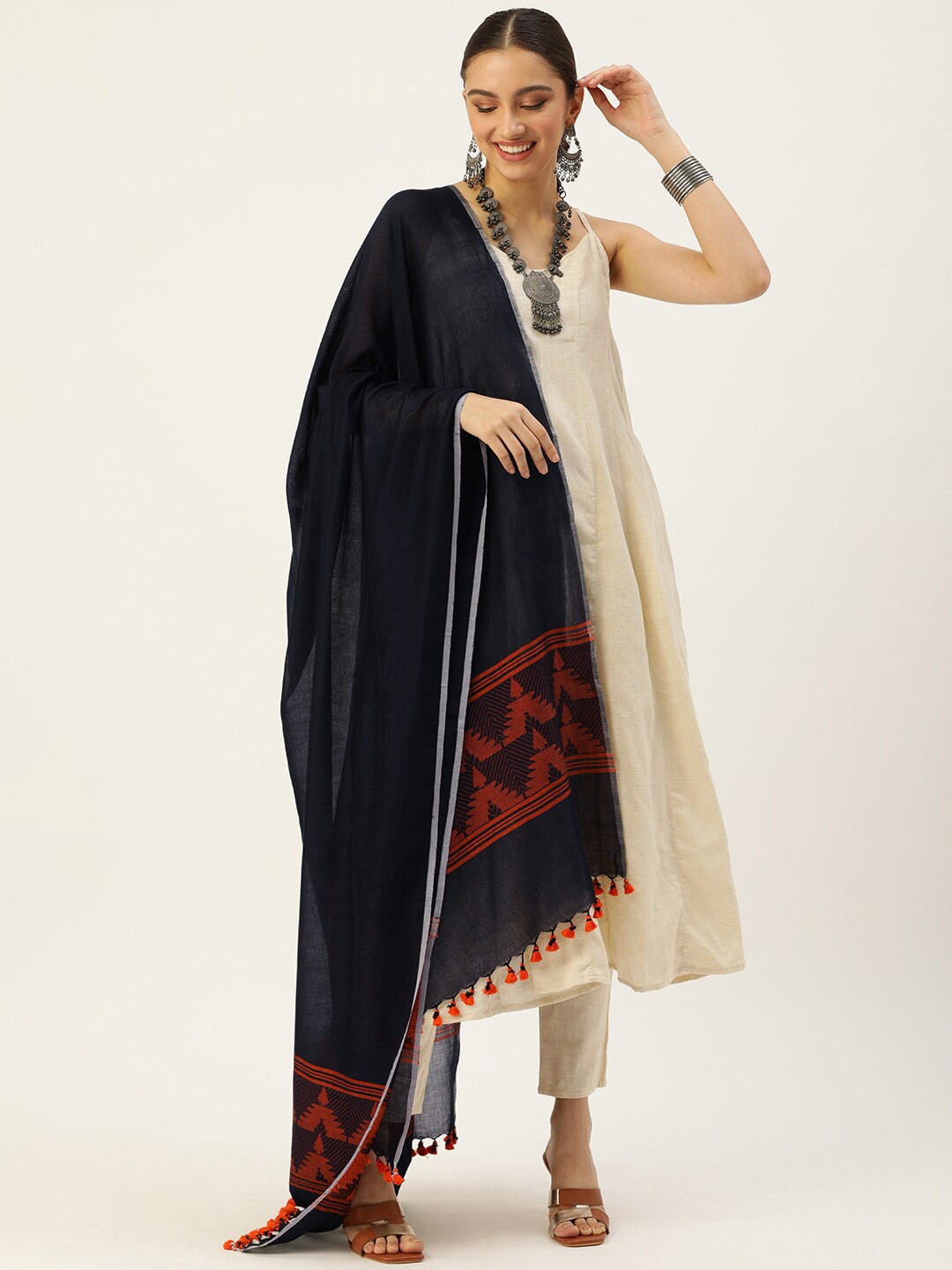 

ArtEastri Cotton Handloom Dupatta, Navy blue