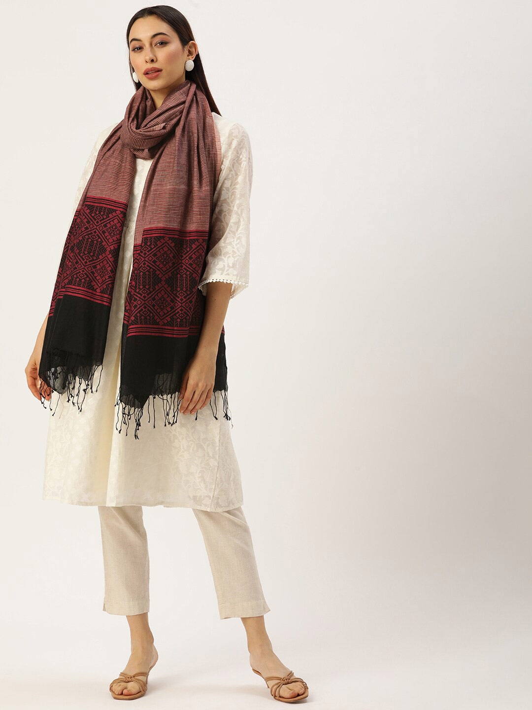 

ArtEastri Woven Design Cotton Handloom Dupatta, Red