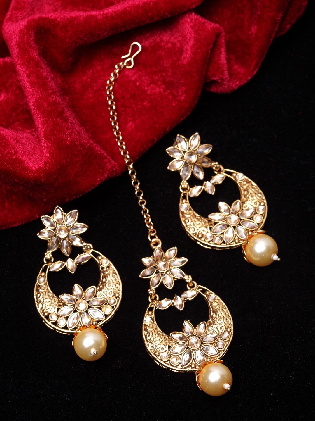 

PANASH Gold-Plated Kundan-Studded Beaded Tikka with Earrings