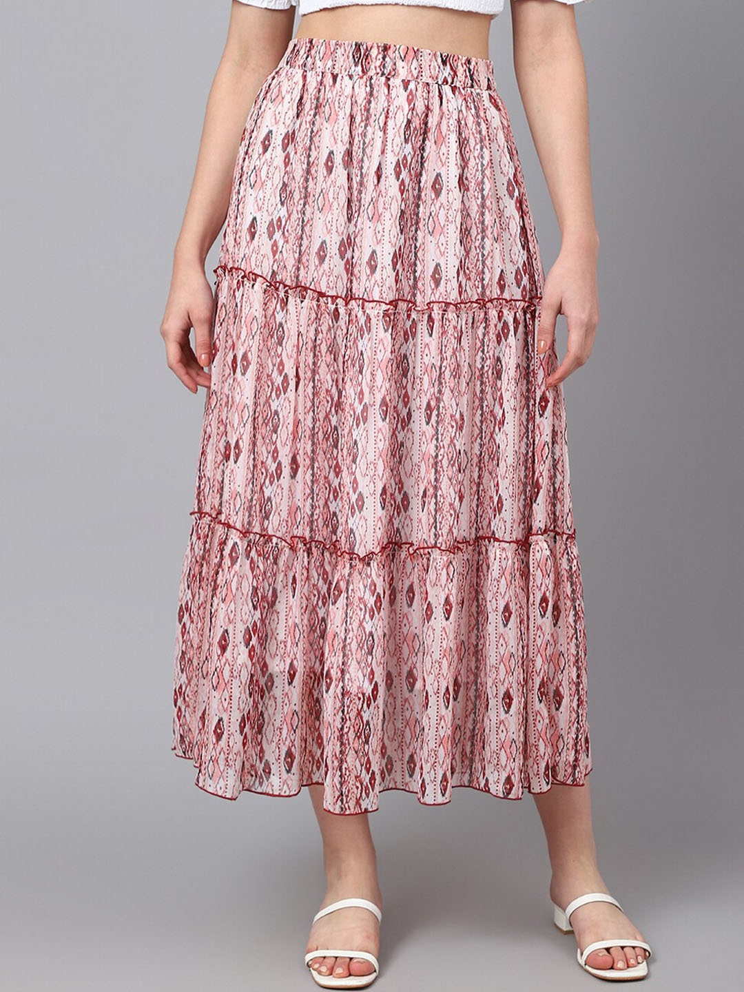 

DEEBACO Women Printed Flared Maxi Skirts, Maroon