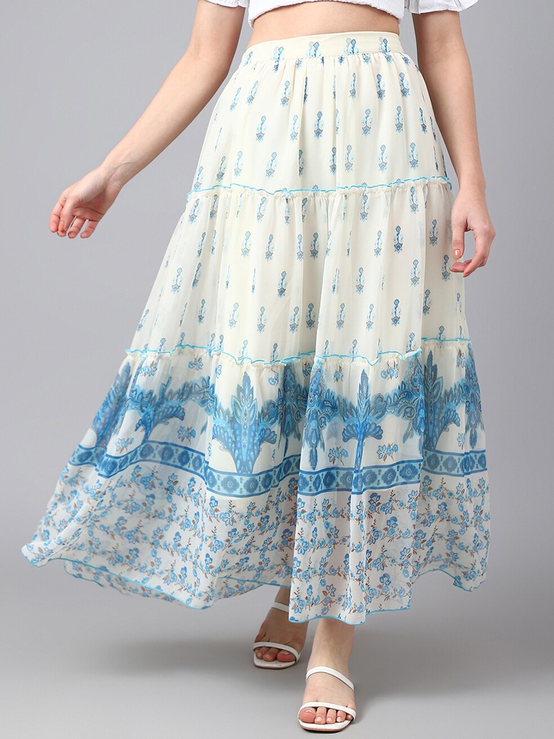 

DEEBACO Women Floral Printed Flared Maxi Skirts, Off white