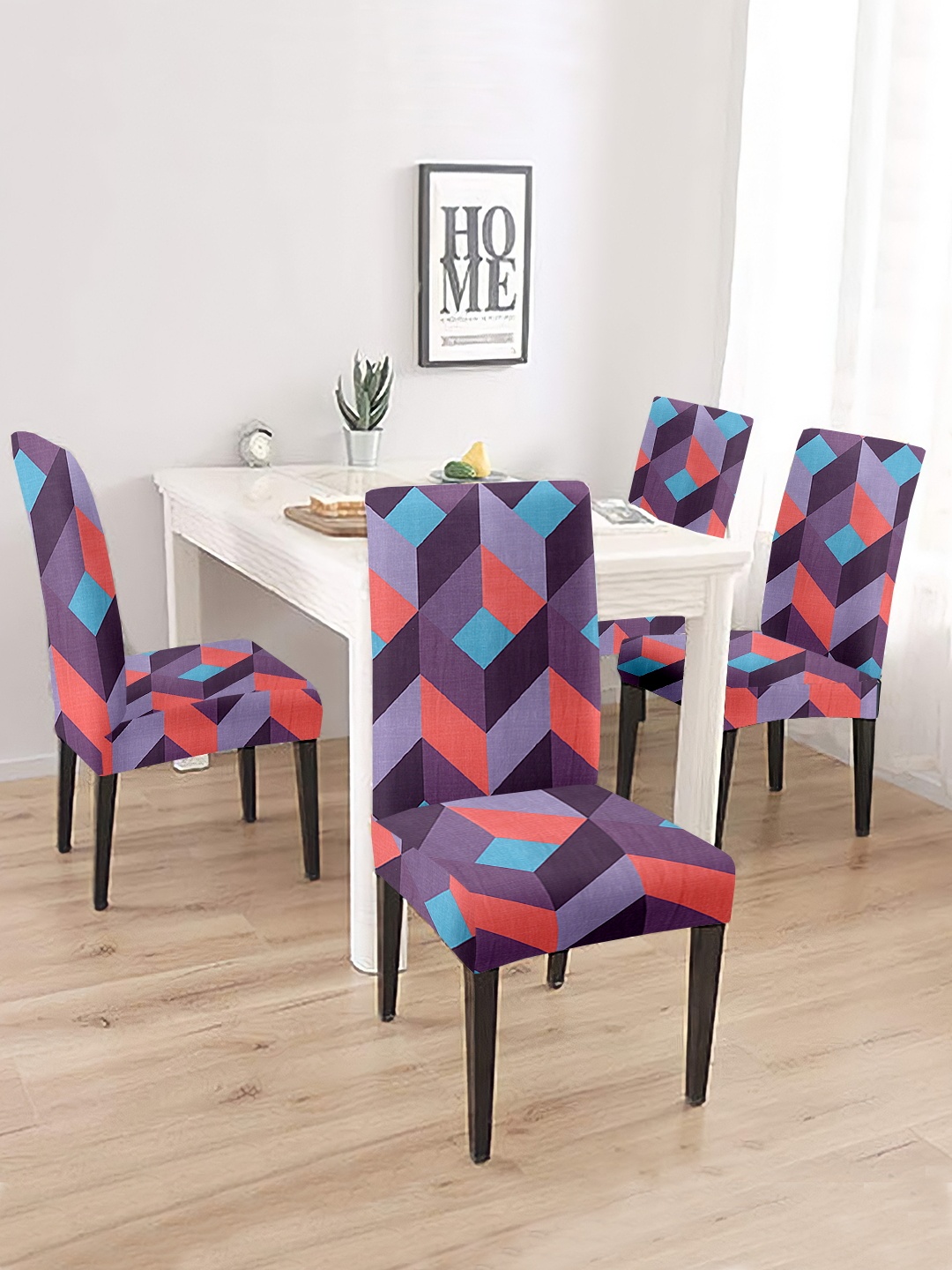 

Aura 4 Pieces Purple & Orange Geometric Printed Chair Covers