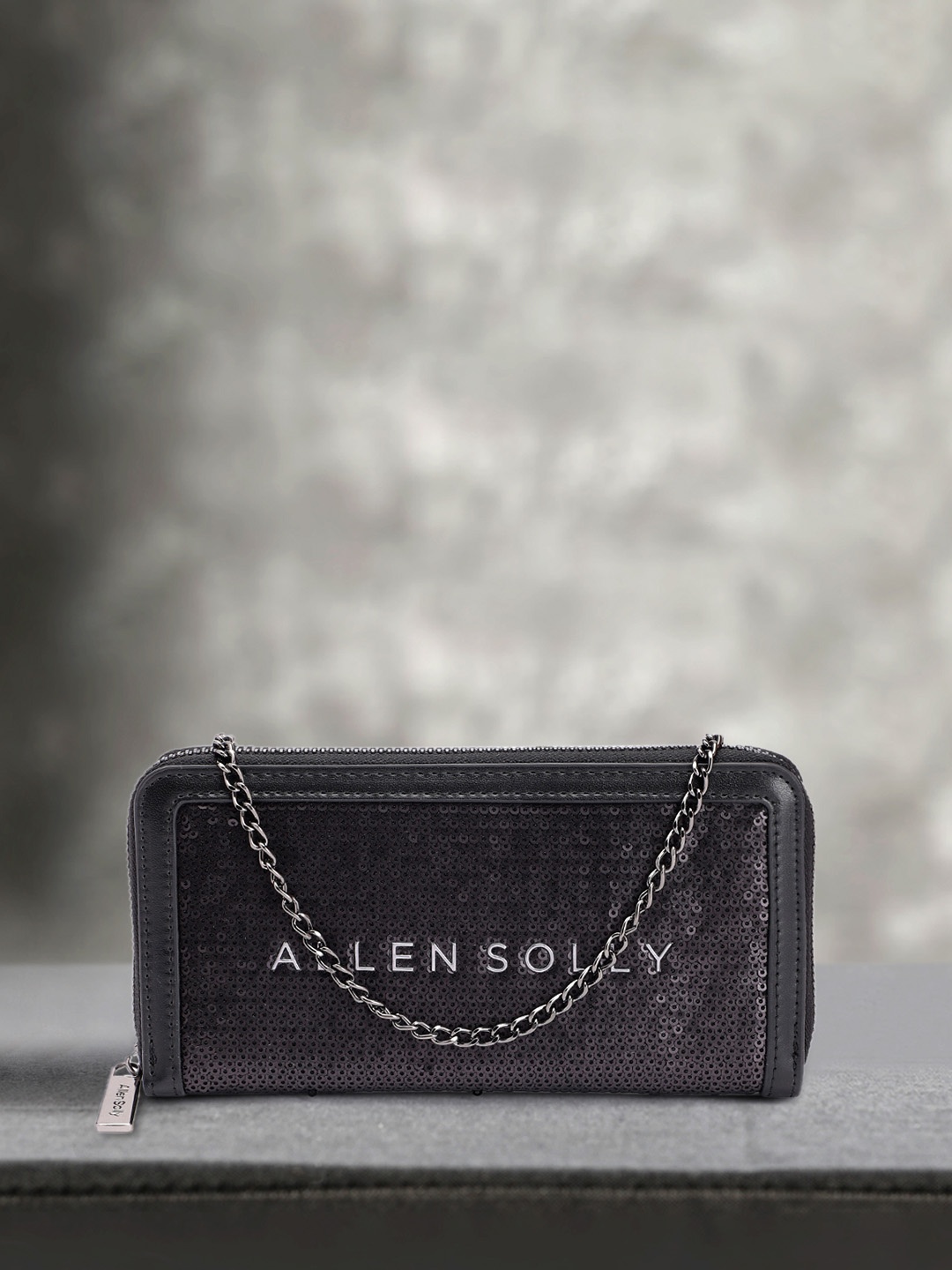 

Allen Solly Women Sequins Embellished PU Zip Around Wallet With Sling Strap, Black