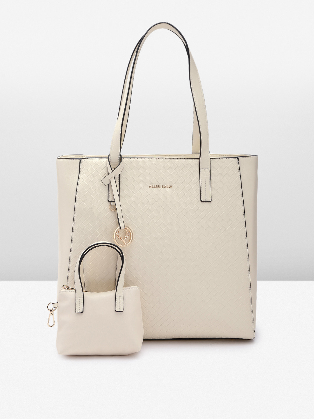 

Allen Solly Geometric Textured PU Oversized Shoulder Bag with Tasselled Detail & A Pouch, Off white