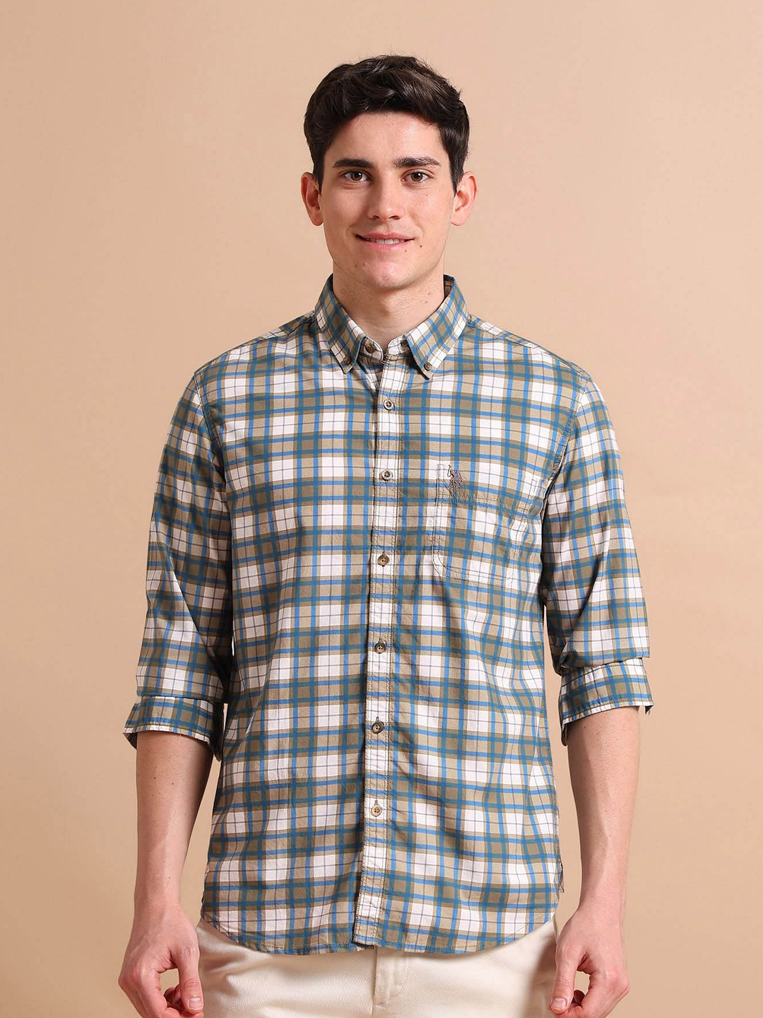 

U.S. Polo Assn. Denim Co. Men Tartan Checked Casual Cotton Shirt, Beige
