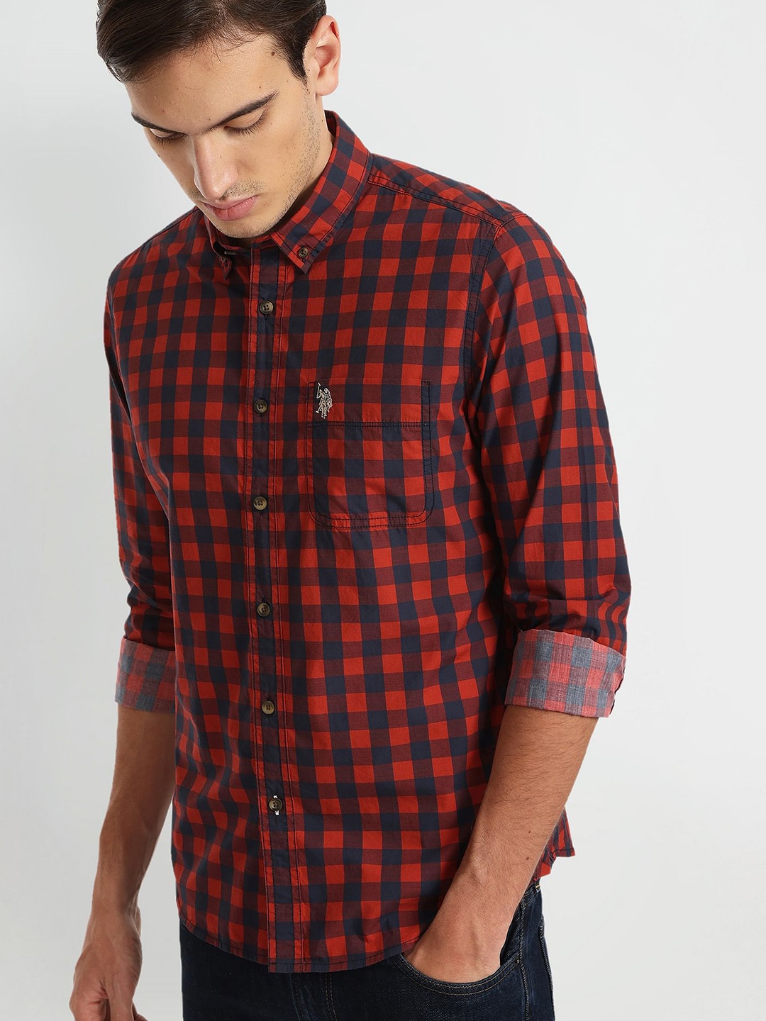 

U.S. Polo Assn. Denim Co. Men Buffalo Checked Casual Pure Cotton Shirt, Red