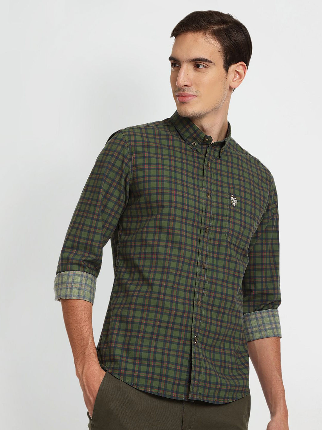 

U.S. Polo Assn. Denim Co. Men Tartan Checked Casual Pure Cotton Shirt, Olive