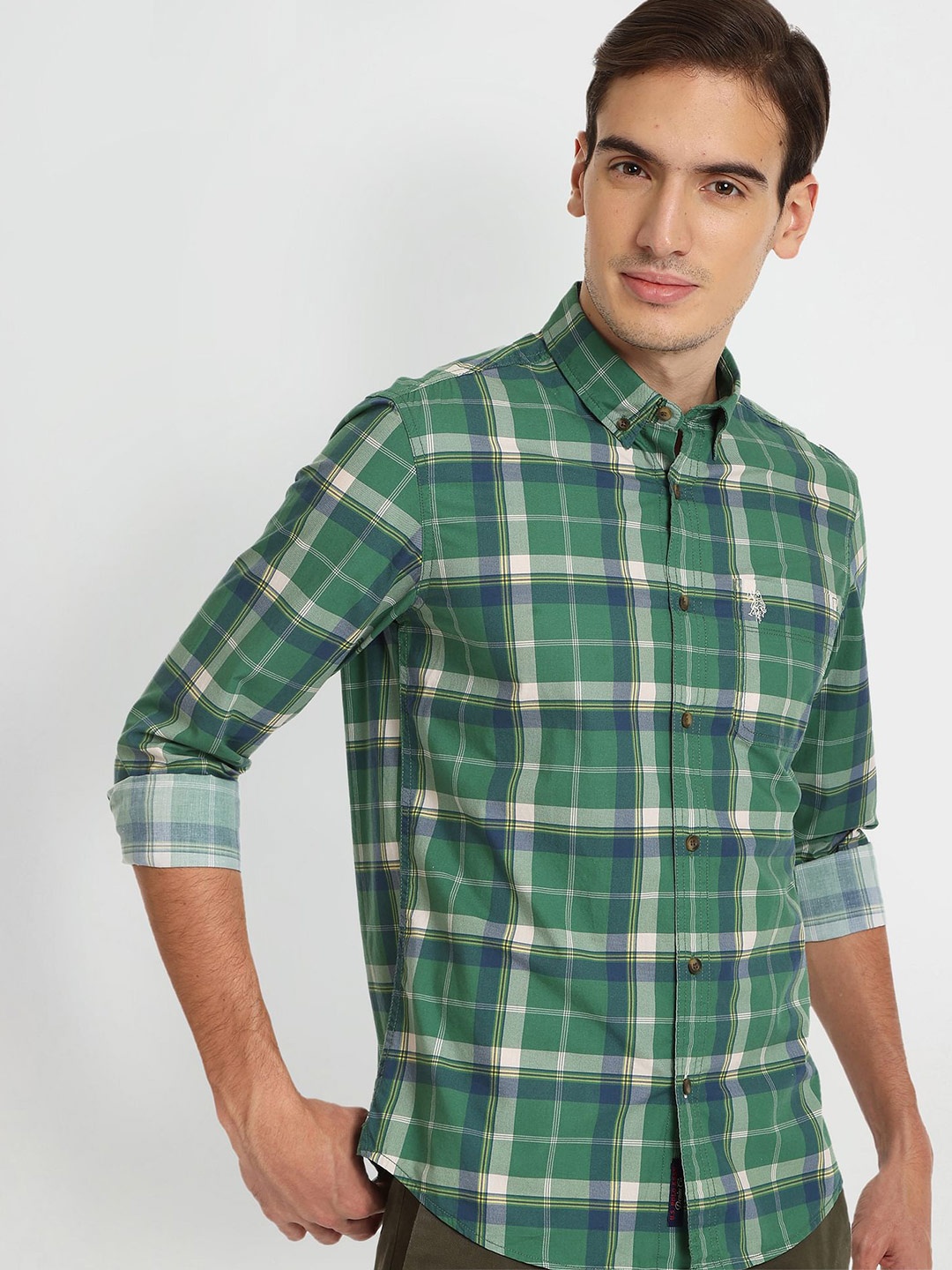 

U.S. Polo Assn. Denim Co. Men Tartan Checks Casual Cotton Shirt, Green
