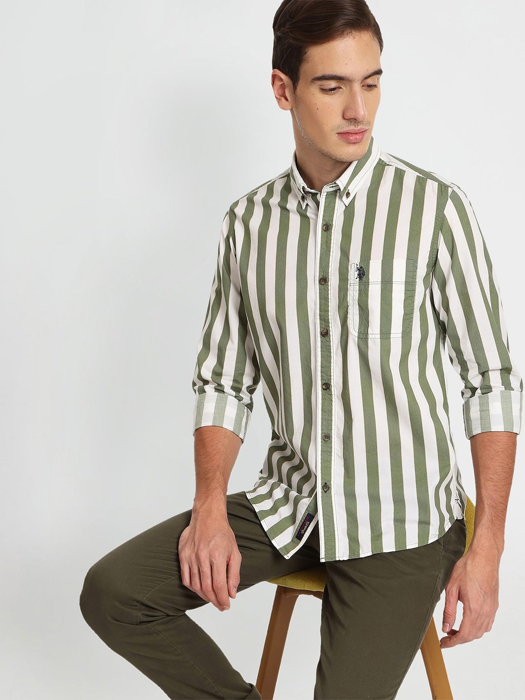 

U.S. Polo Assn. Denim Co. Men Striped Pure Cotton Casual Shirt, Olive