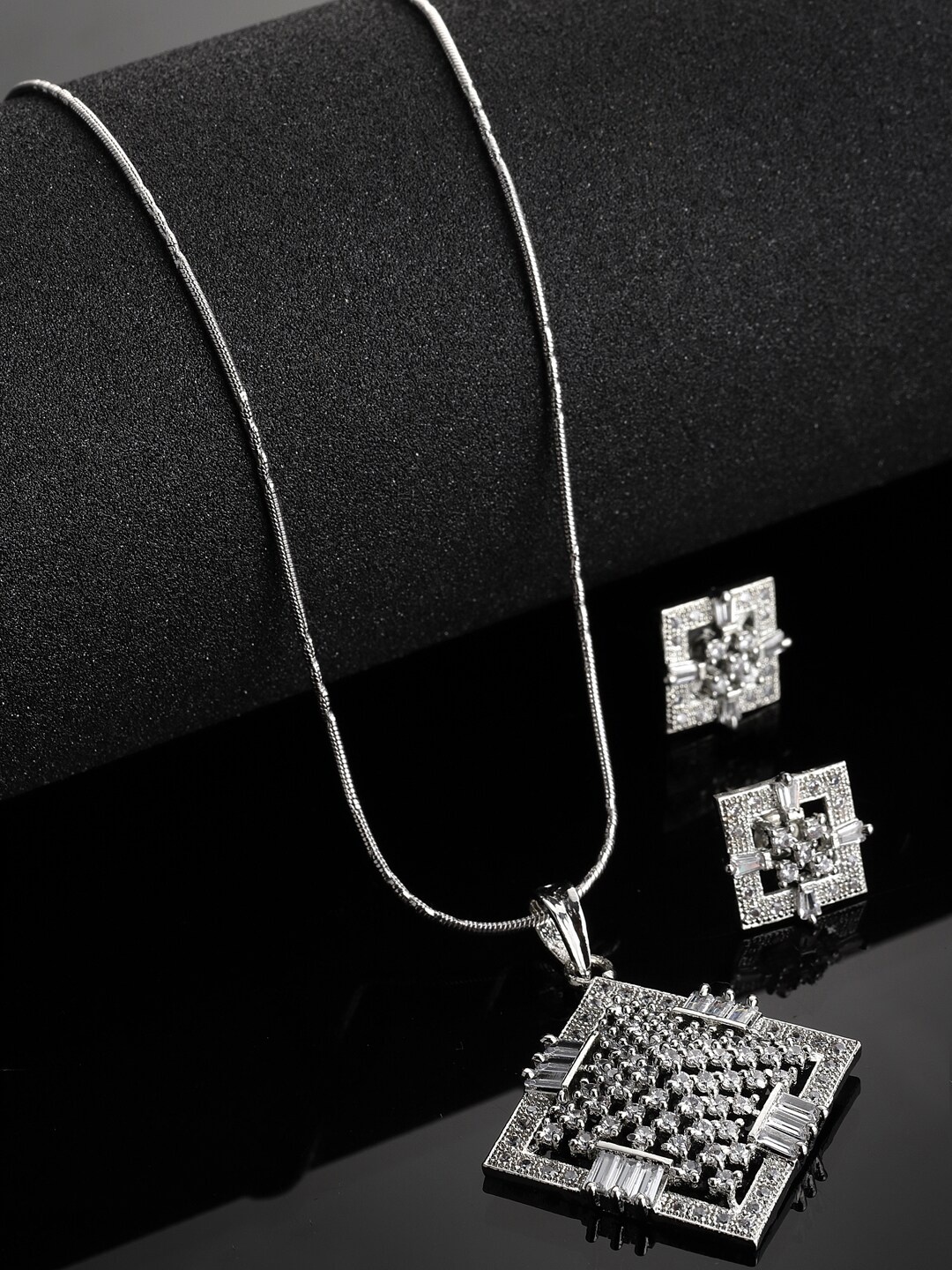 

PANASH Silver-Plated CZ Studded Square Shape Jewellery Set
