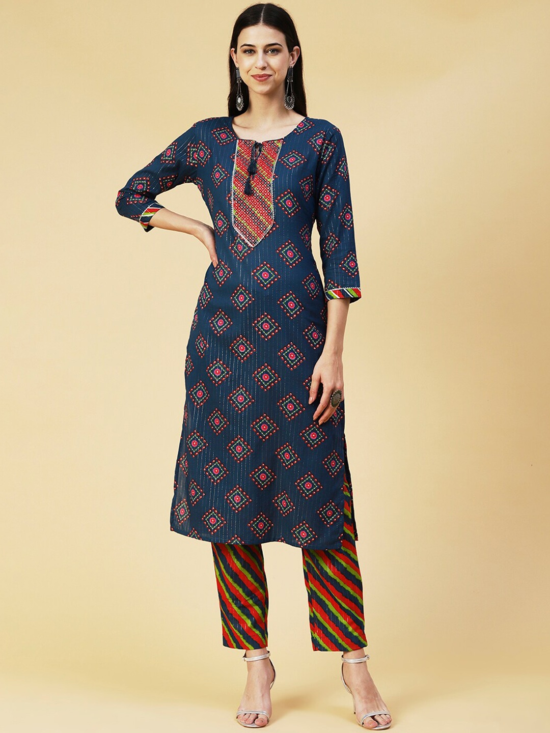 

FASHOR Women Navy Blue Bandhani Printed Mirror Work Pure Cotton Kurta with Trousers