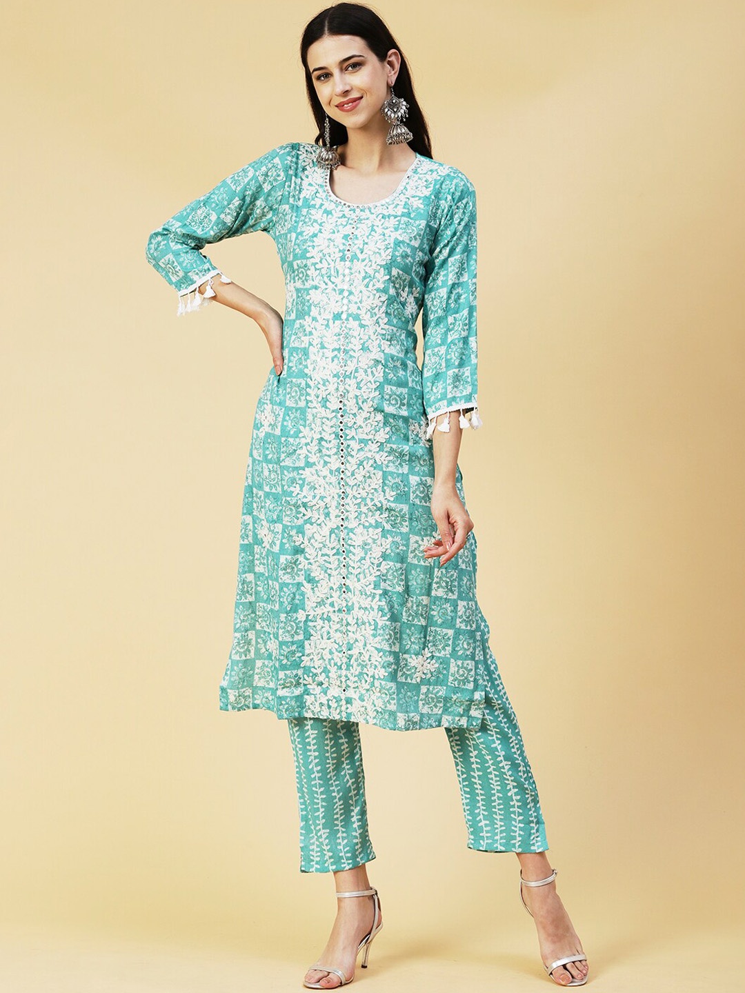 

FASHOR Women Printed Embroidered Mirror Work Kurta with Trousers, Sea green