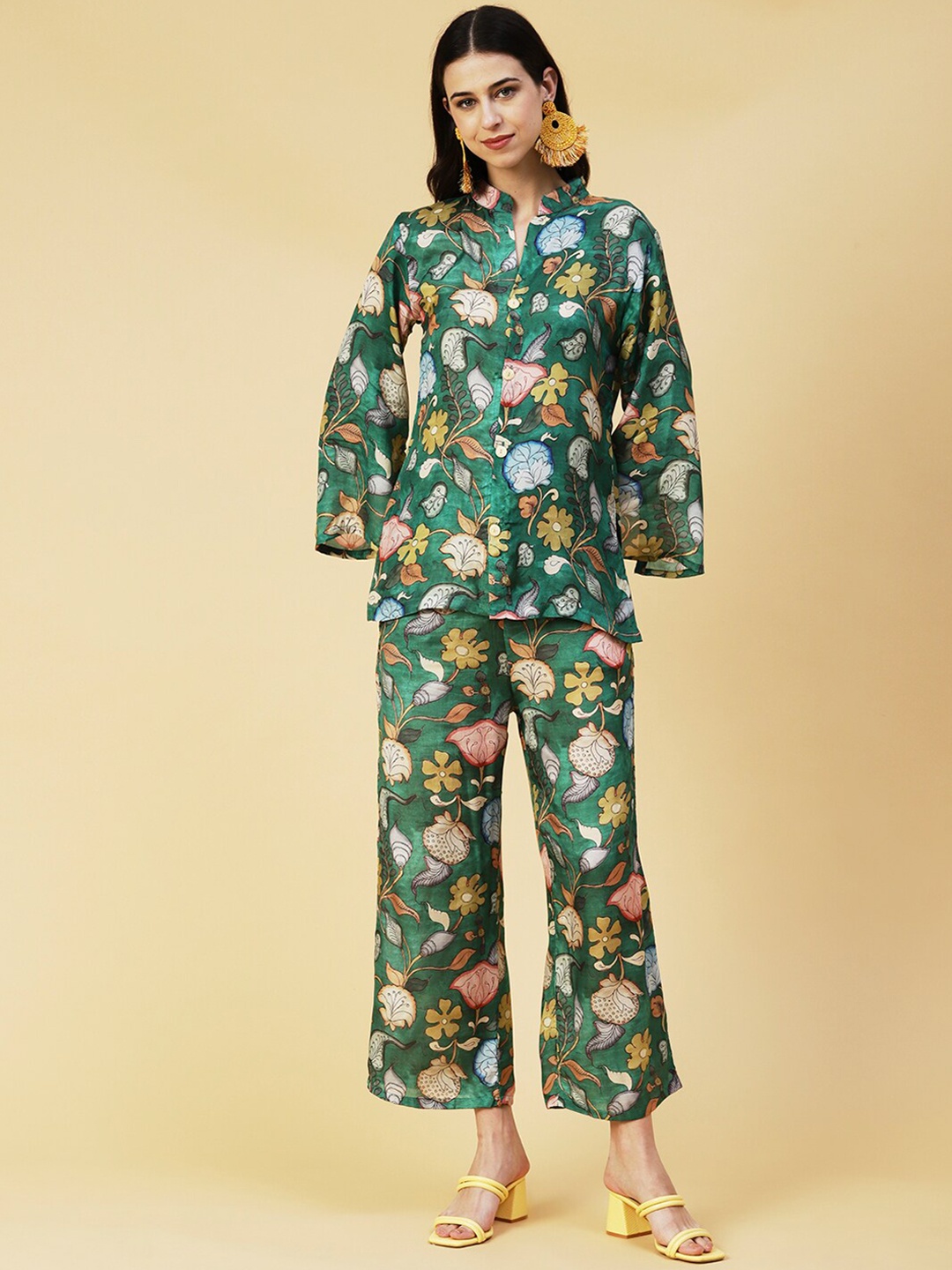 

FASHOR Women Printed Standard-Fit Shirt With Palazzo Co-Ords, Green