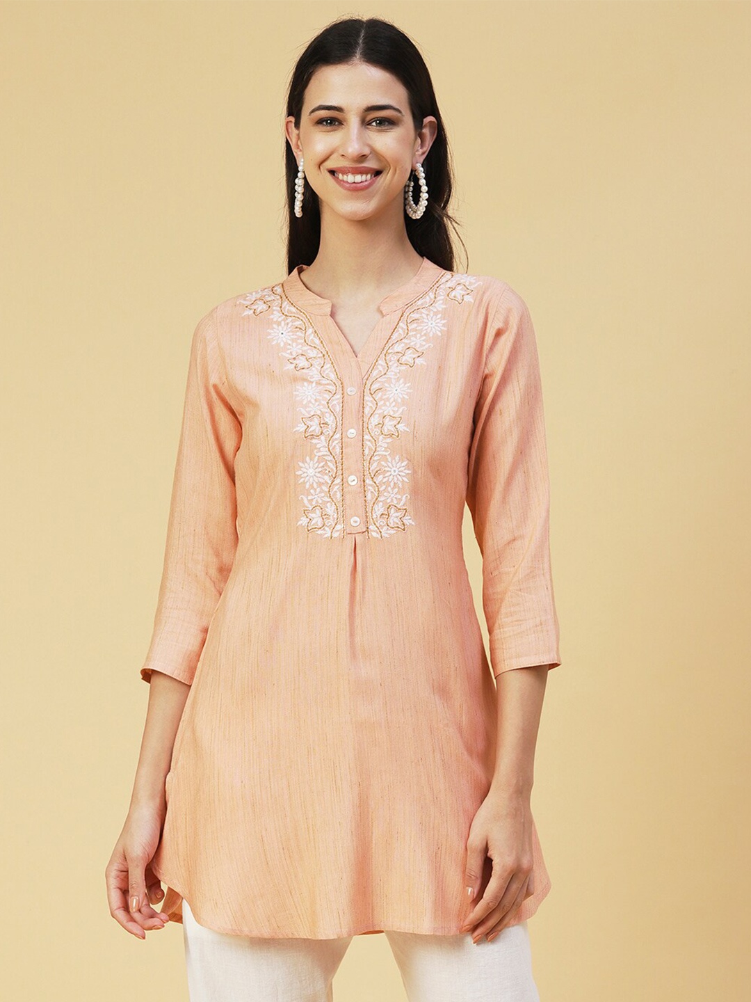

FASHOR Floral Embroidered A-line Kurti, Peach