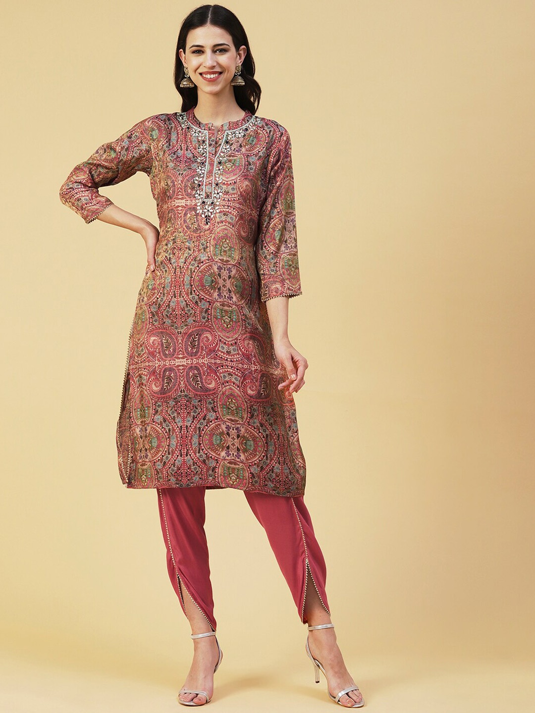 

FASHOR Women Ethnic Motifs Printed Gotta Patti Kurta with Dhoti Pants, Rust