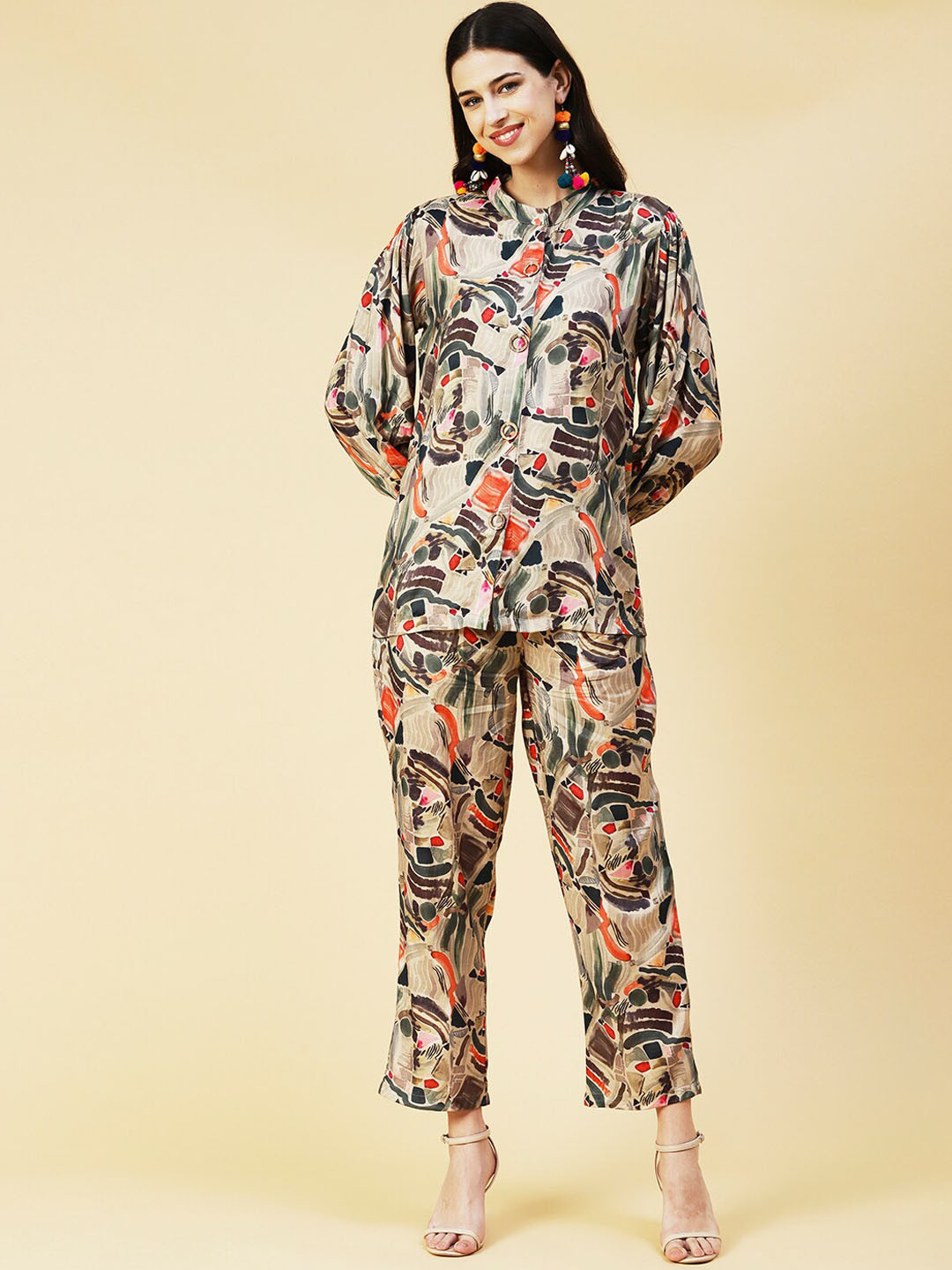 

FASHOR Women Abstract Printed Shirt With Trousers Co-Ords, Beige