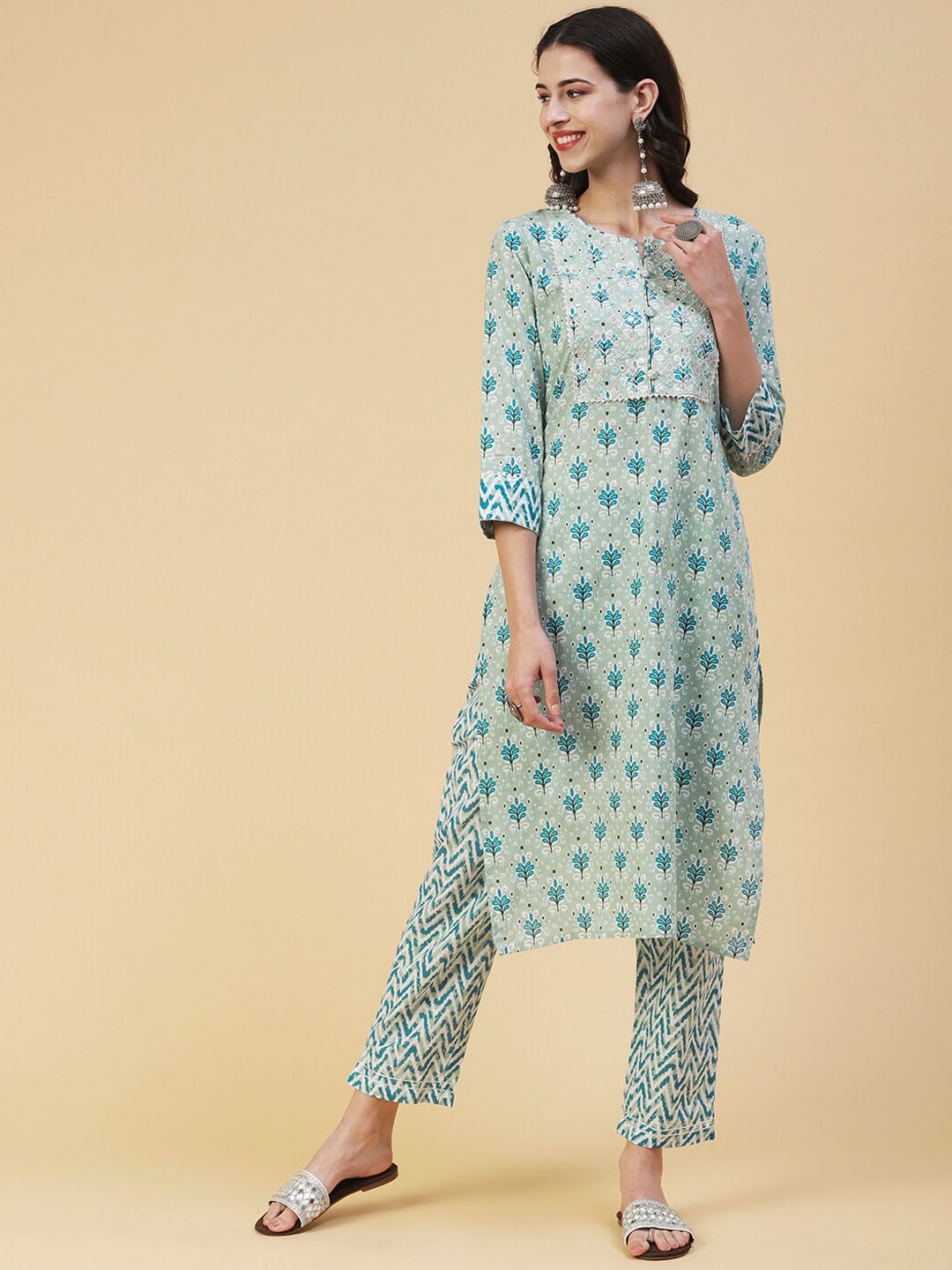 

FASHOR Women Ethnic Motifs Printed Pure Cotton Kurta with Trousers, Sea green