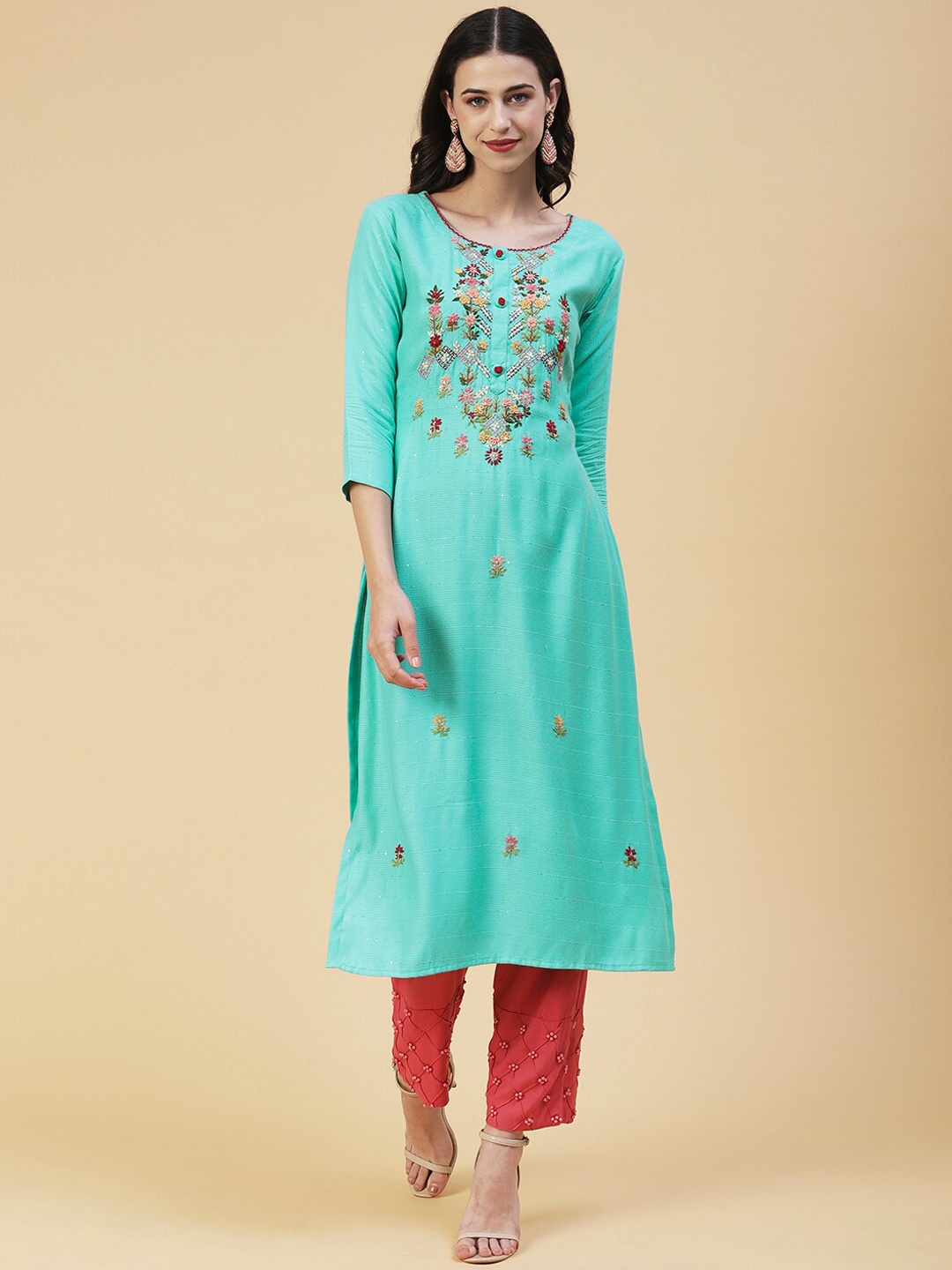 

FASHOR Women Floral Embroidered Thread Work Kurta, Turquoise blue