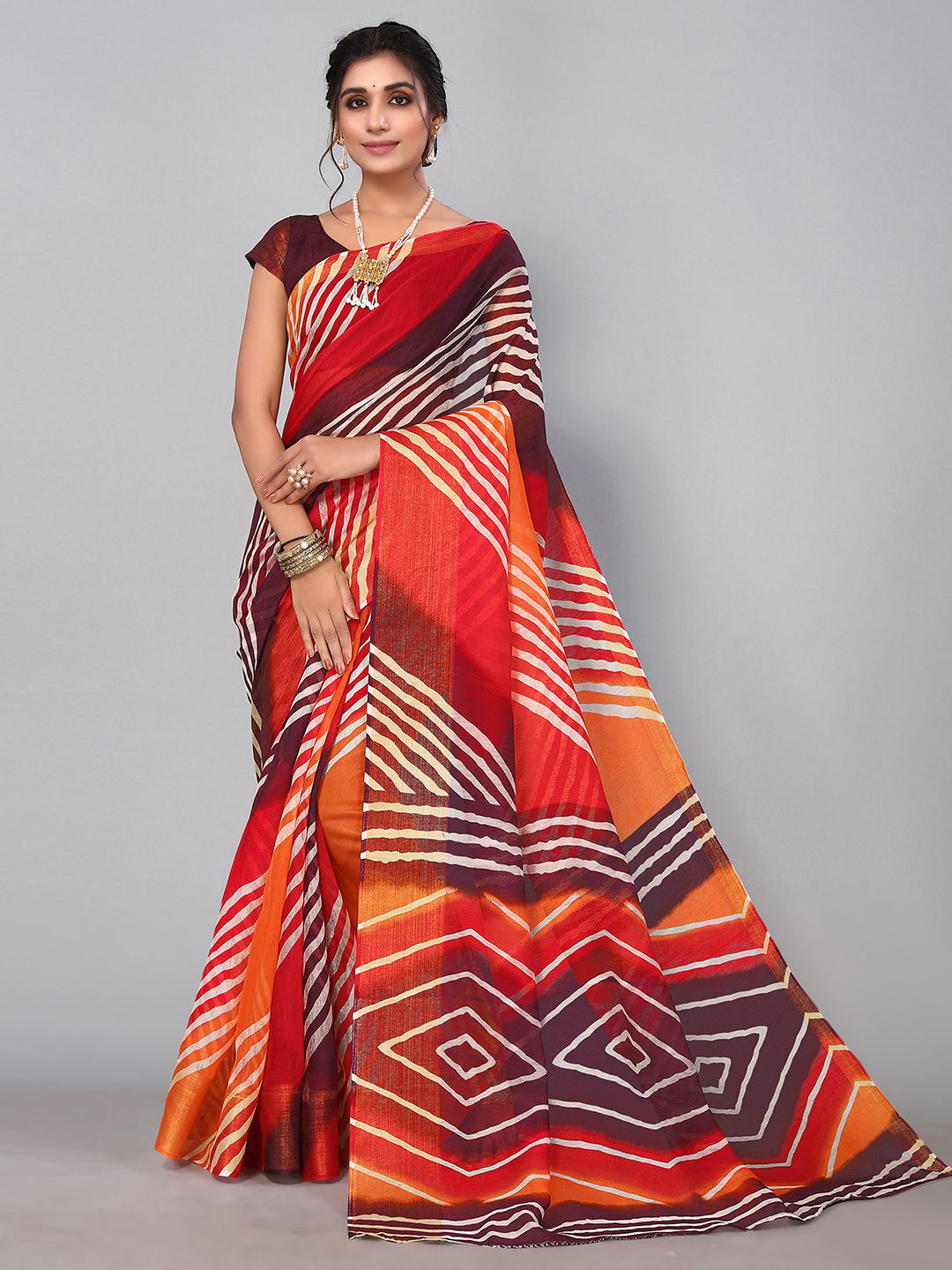 

KALINI Leheriya Zari Leheriya Saree, Orange