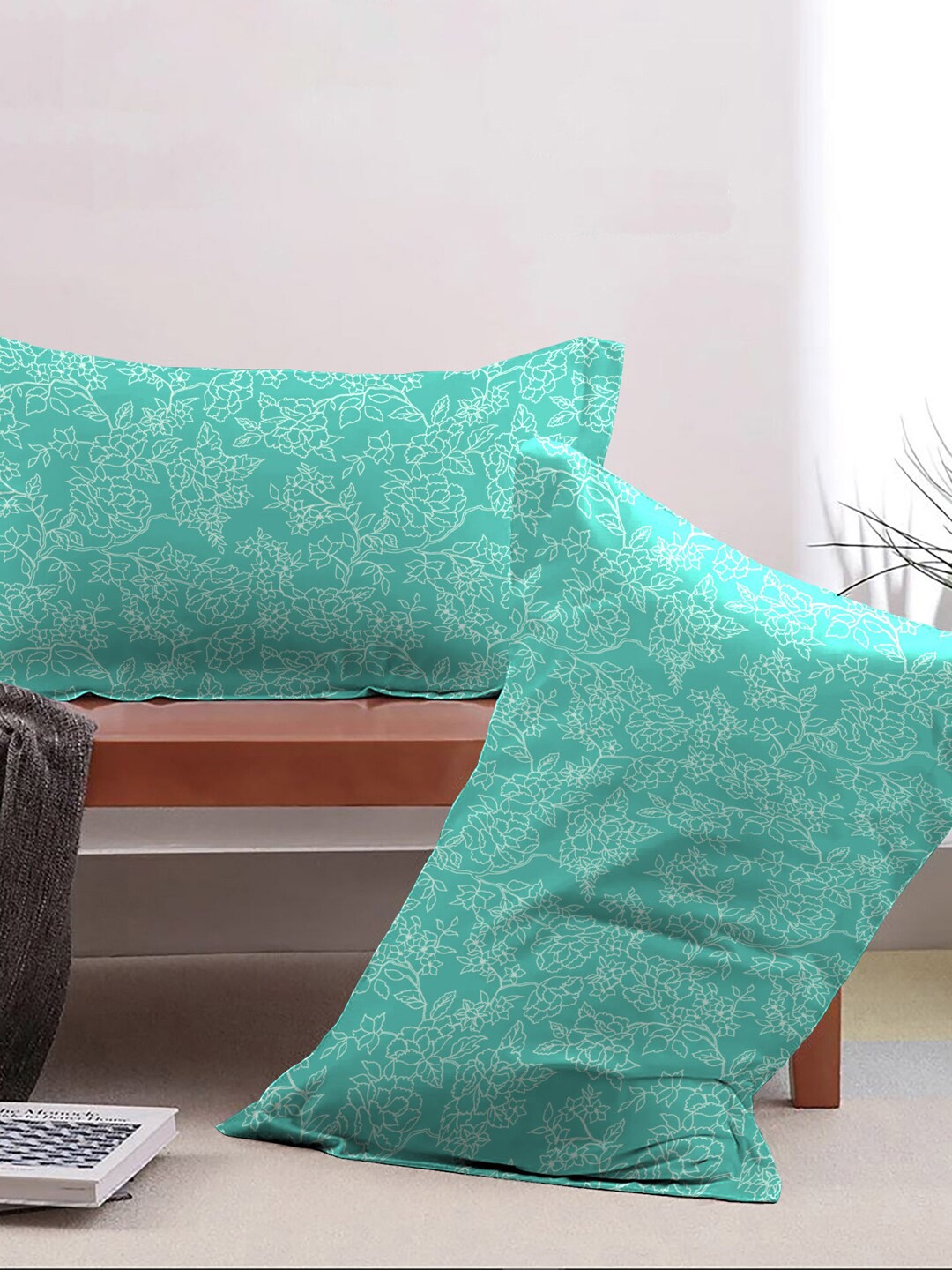 

MYTRIDENT Feather Tales Turquoise Blue 2 Pieces Floral 144 TC Pure Cotton Pillow Covers