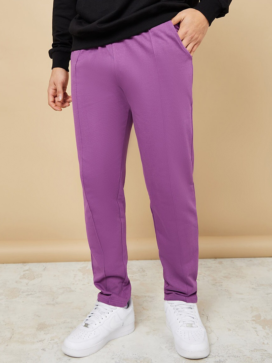 

Styli Men Pure Cotton Basic Slim Fit Pintuck Track Pants, Purple