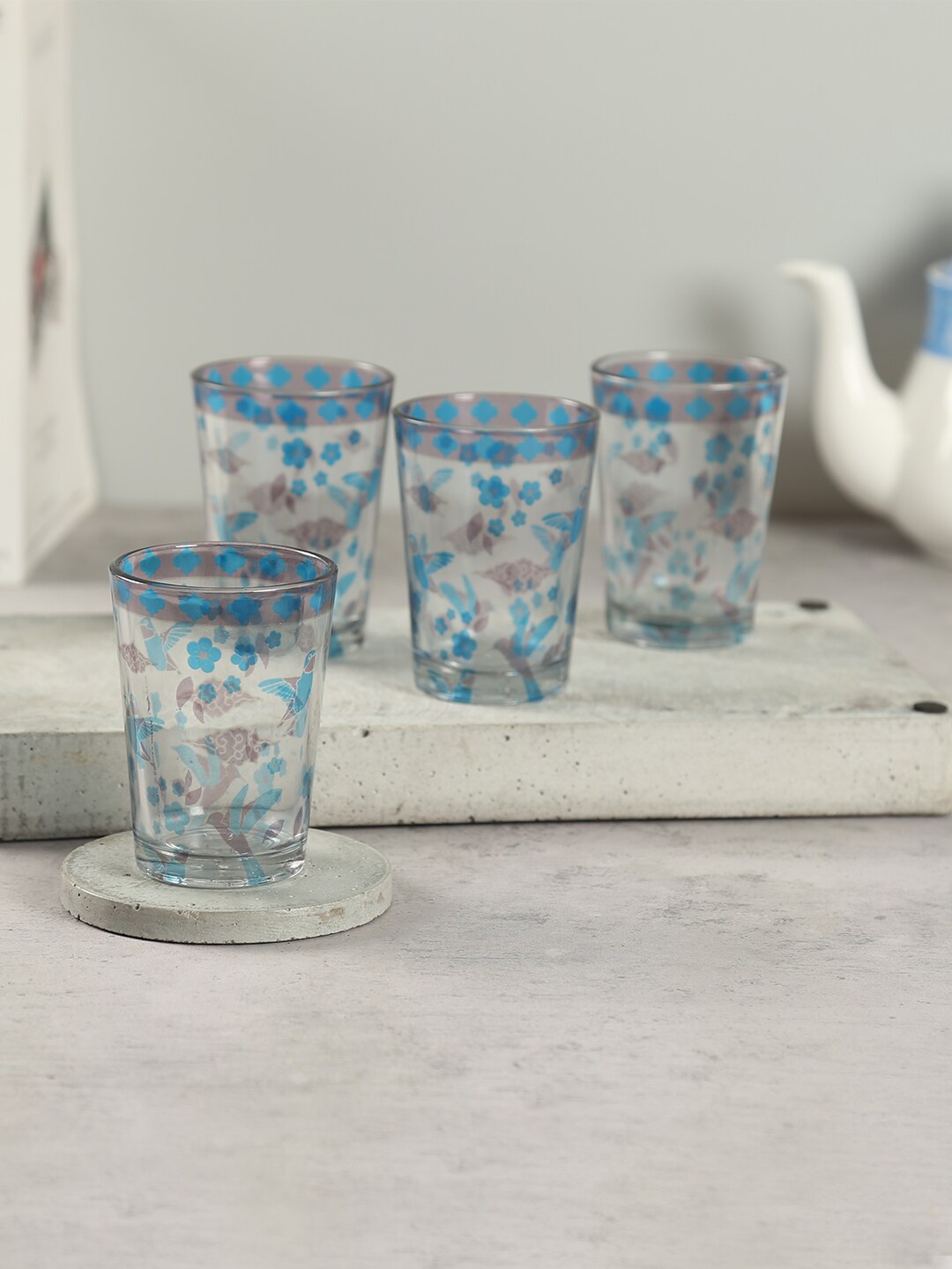 

India Circus by Krsnaa Mehta Flock of Birds 4 Pcs Blue Chai Glass 140 ml each