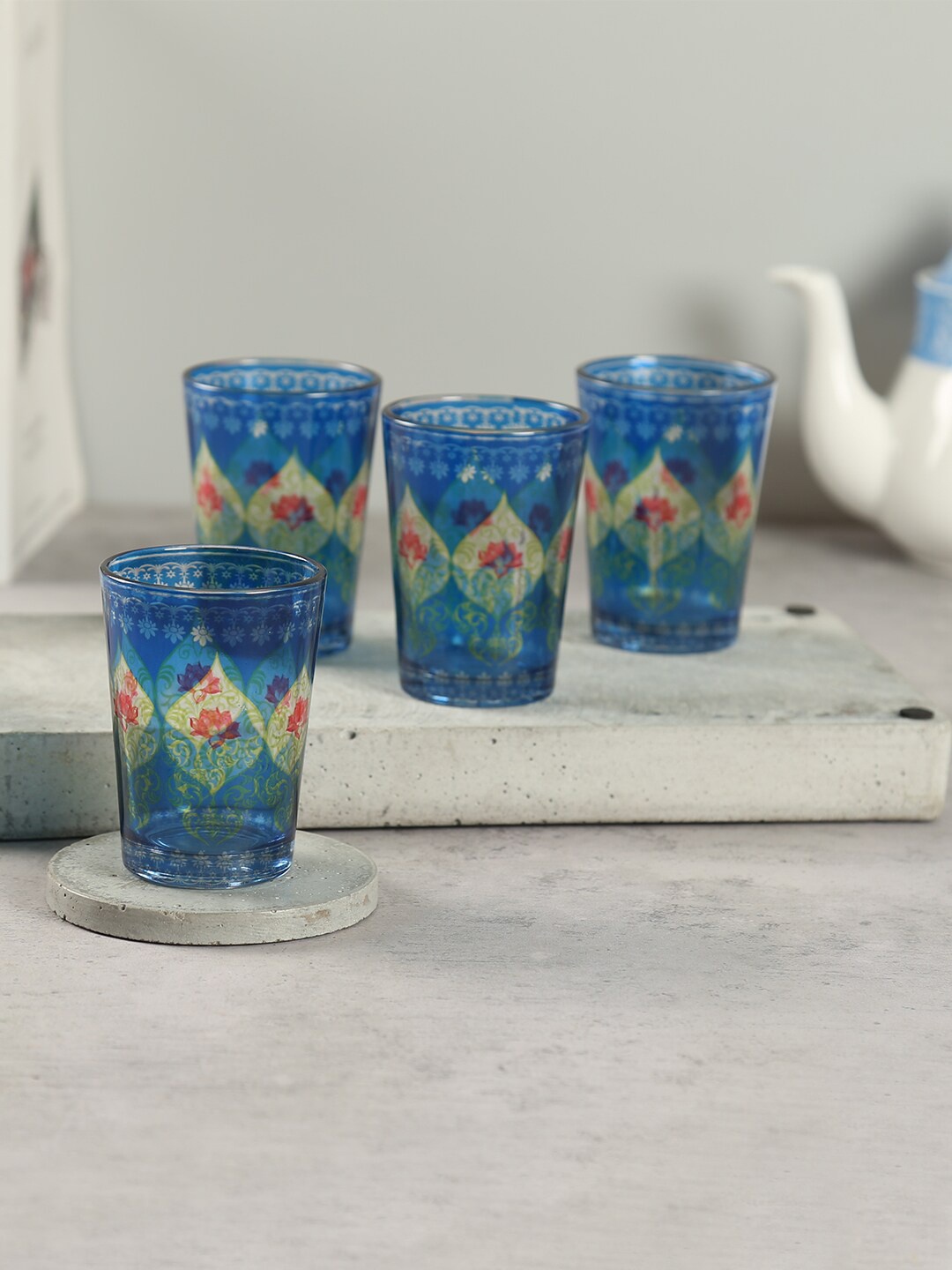 

India Circus by Krsnaa Mehta Beryl Fir 4 Pcs Blue Printed Chai Glass 140 ml each