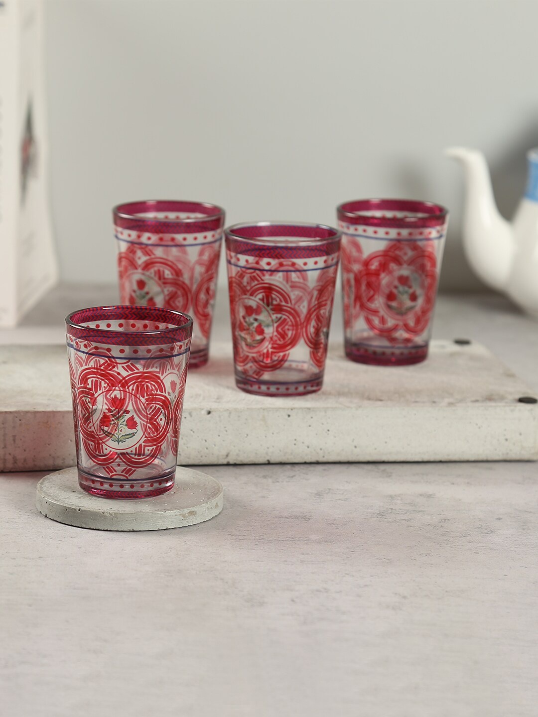 

India Circus by Krsnaa Mehta Rosebud Bloom 4 Pcs Red Printed Chai Glass 140 ml Each