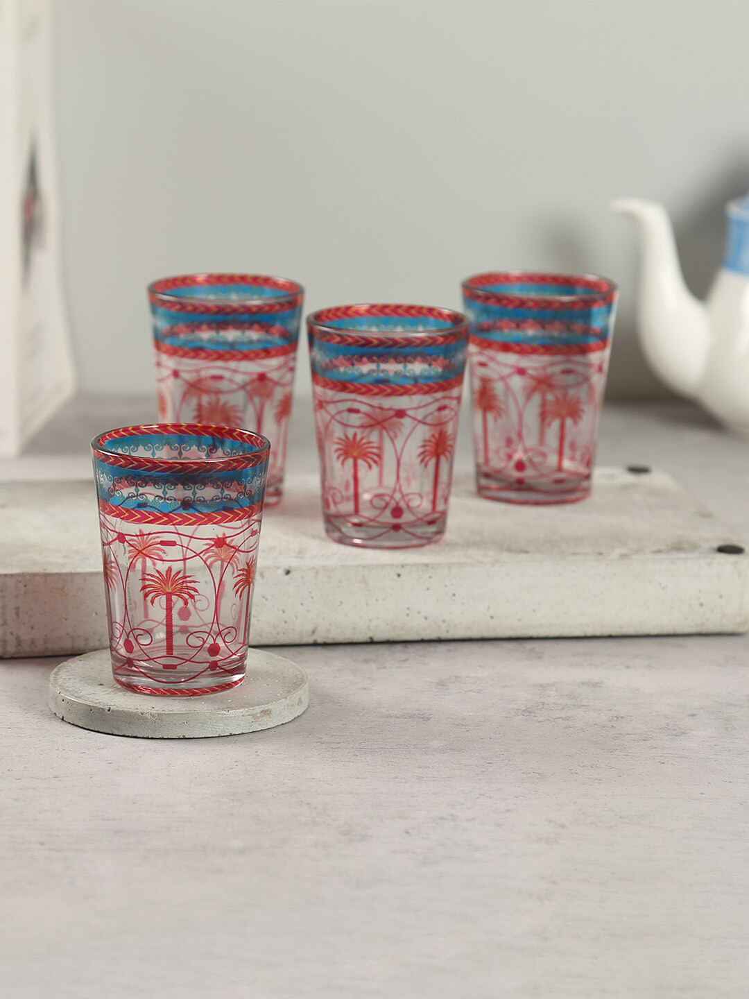 

India Circus by Krsnaa Mehta Blushed Palmeria 4 Pieces Red Chai Glass 140 ml Each