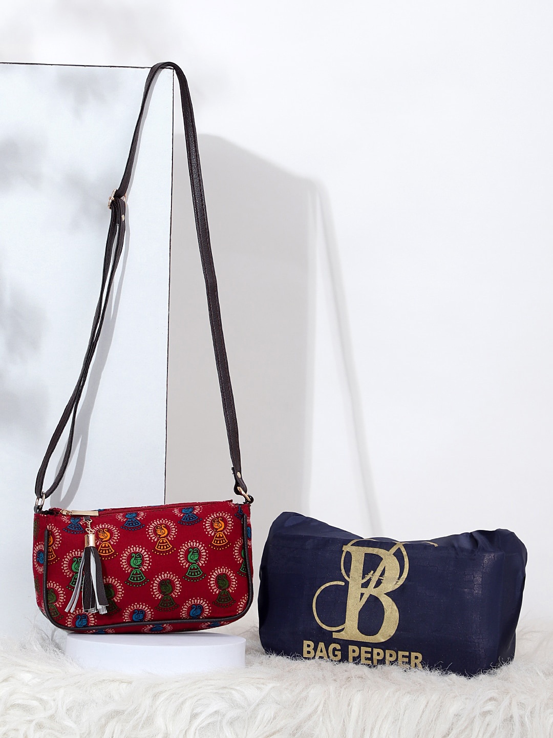 

Bag Pepper Ethnic Motifs Printed Tasselled Structured Cotton Shoulder Bag, Red