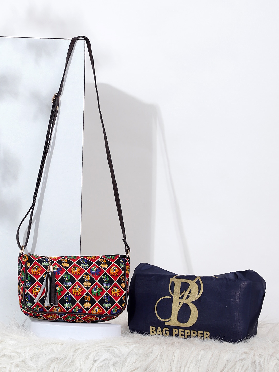 Bag Pepper Ethnic Motifs Printed Tasselled Structured Cotton Shoulder Bag, Red