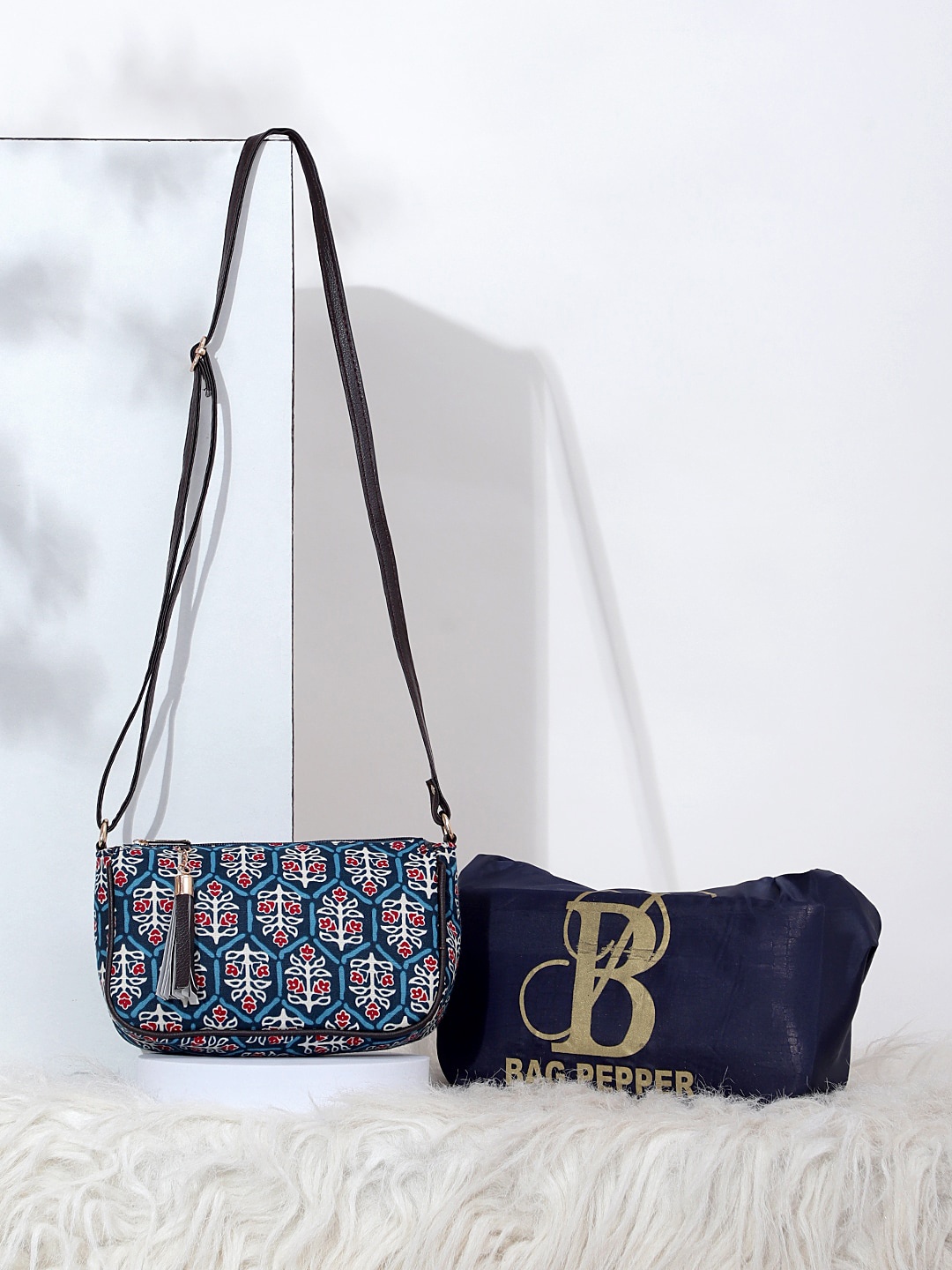 

Bag Pepper Ethnic Motifs Printed Tasselled Cotton Structured Shoulder Bag, Blue