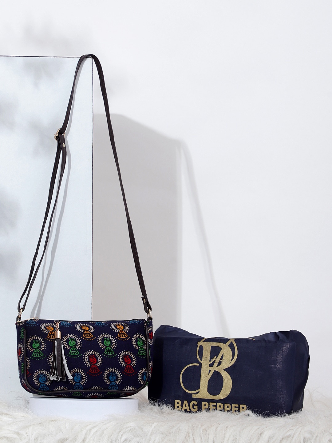 Bag Pepper Ethnic Motifs Printed Structured Sling Bag, Navy blue