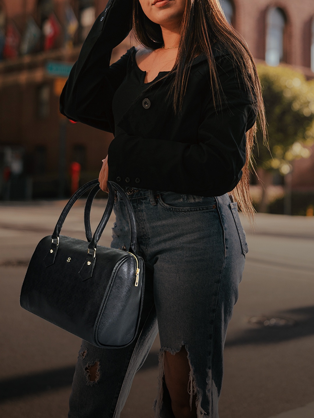 

HORRA PU Structured Handheld Bag, Black