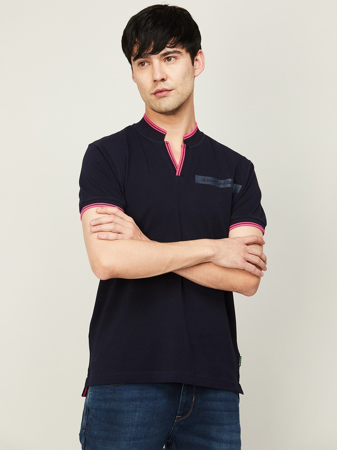 

Bossini Men Mandarin Collar Cotton T-shirt, Navy blue