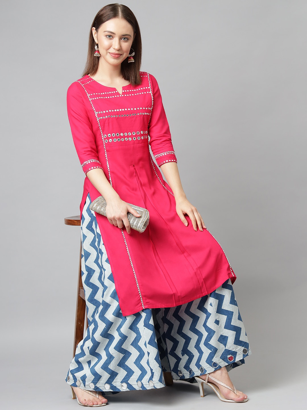 

Khushal K Women Embellished Mirror Work Kurta, Pink