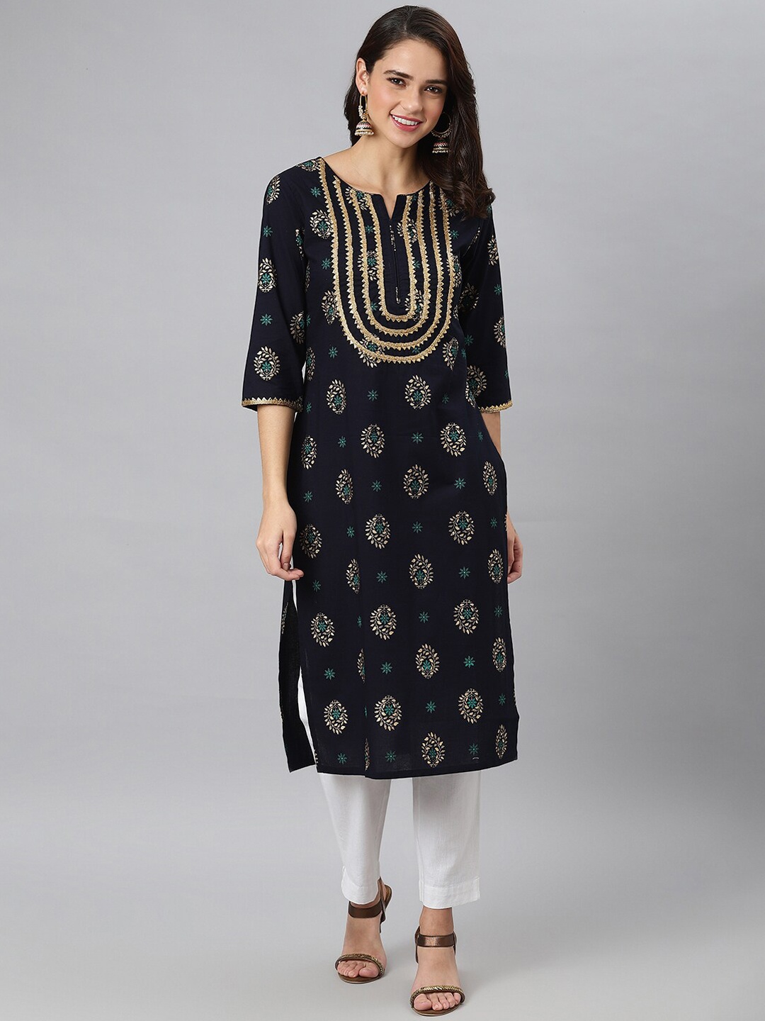 

Khushal K Women Ethnic Motifs Printed Gotta Patti Kurta, Navy blue