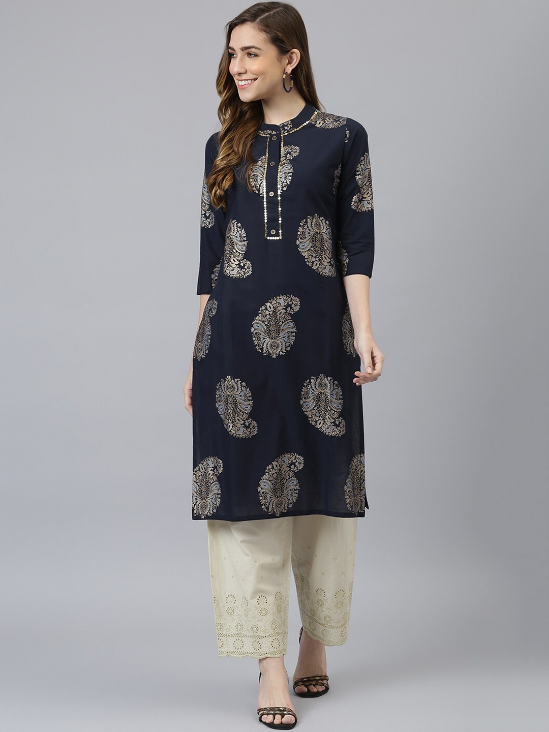 

Khushal K Women Paisley Printed Band Collar Kurta, Navy blue