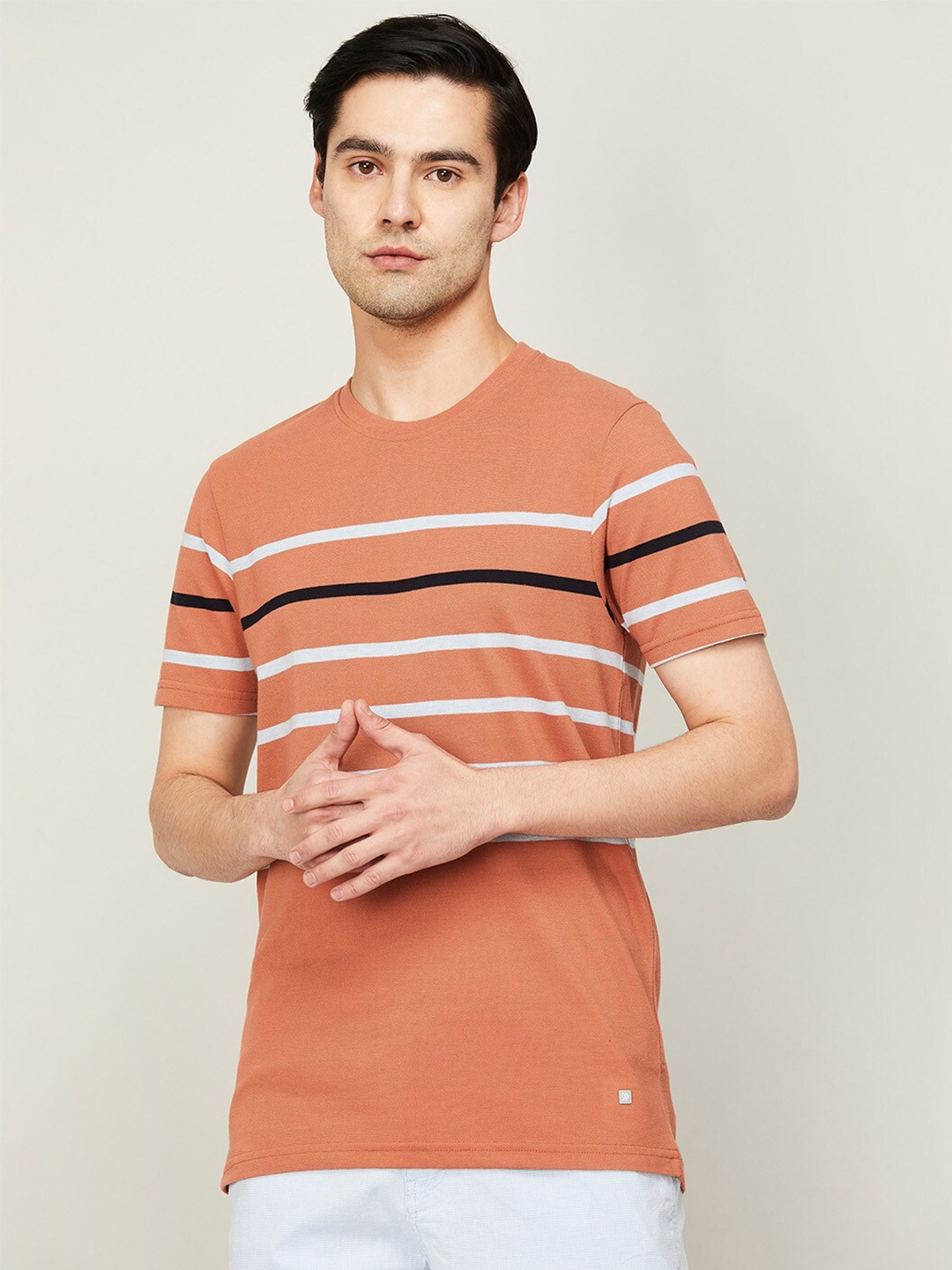 

CODE by Lifestyle Men Round Neck Striped Cotton T-shirt, Orange