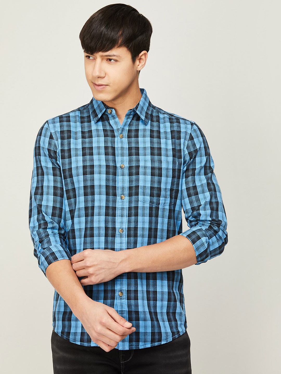 

Forca Men Comfort Fit Tartan Checks Cotton Casual Shirt, Blue
