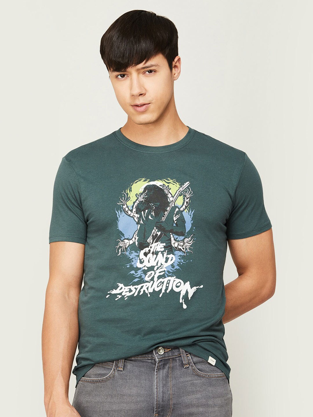

Forca Men Round Neck Printed Cotton T-shirt, Olive