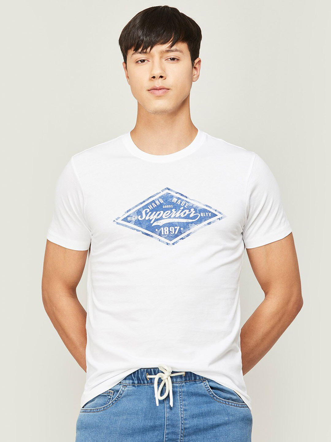 

Forca Men Round Neck Typography Printed Cotton T-shirt, White