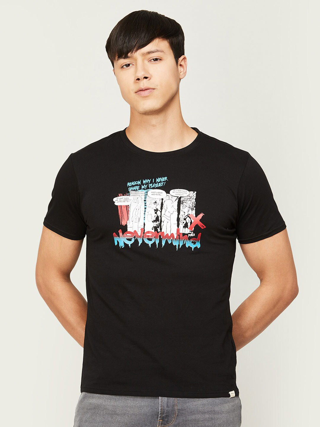 

Forca Men Round Neck Typography Printed Cotton T-shirt, Black