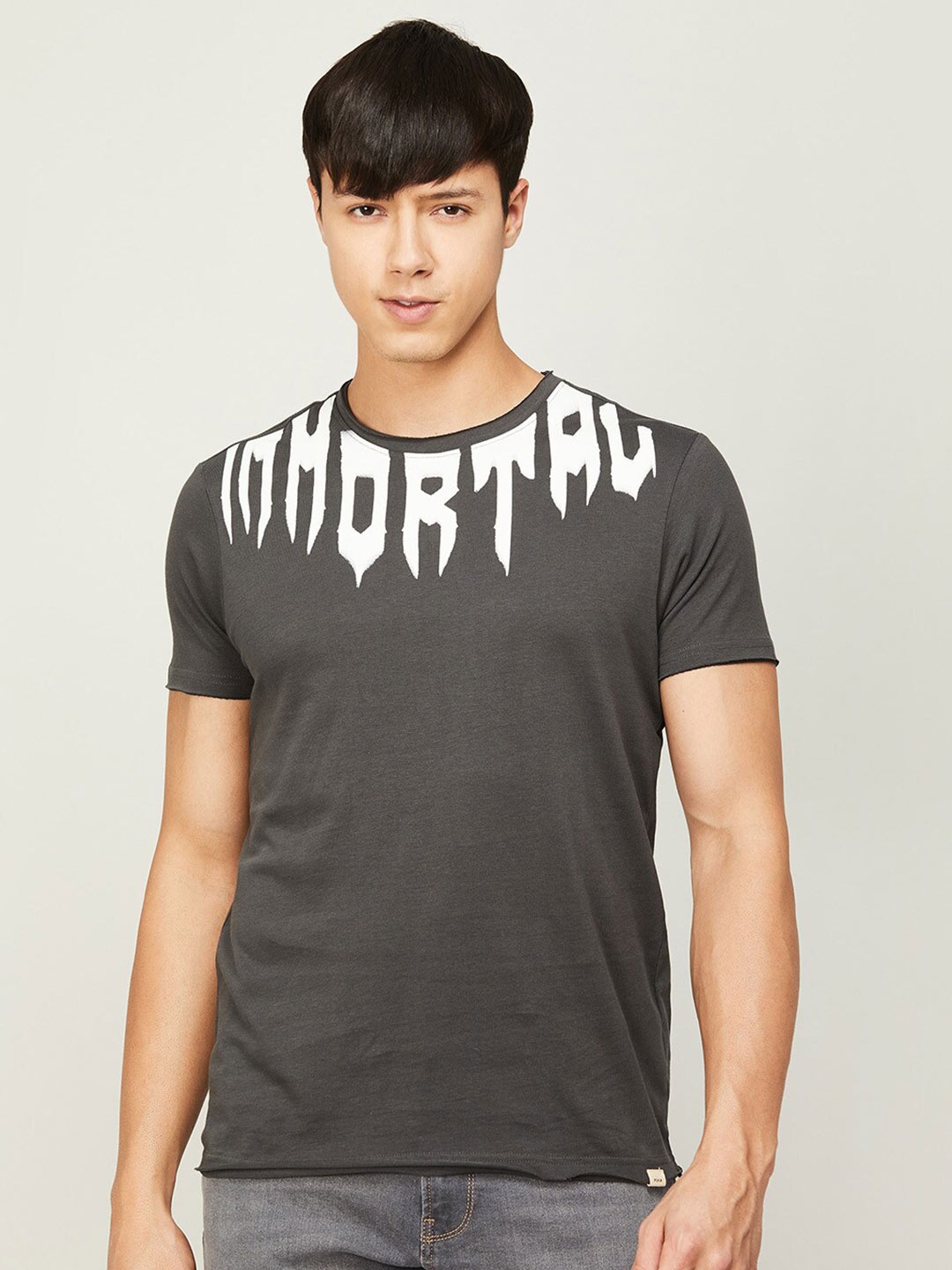 

Forca Men Round Neck Typography Printed Cotton T-shirt, Grey