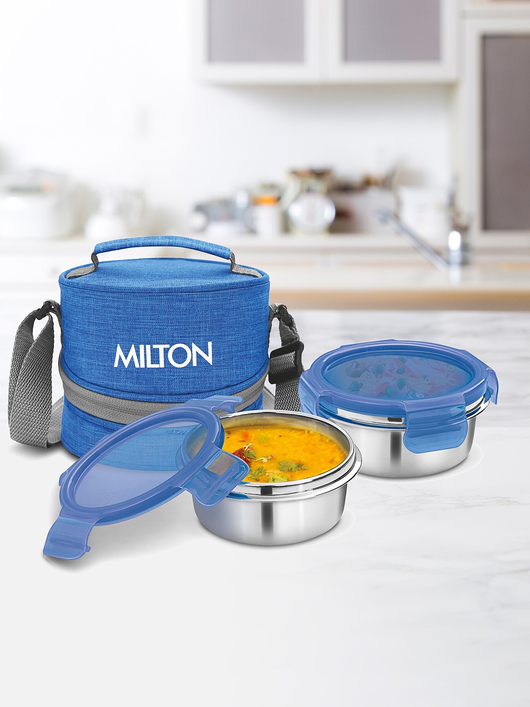 

Milton Chic Set Of 2 Blue Stainless Steel Tiffin Box 300 ml Each With Jacket