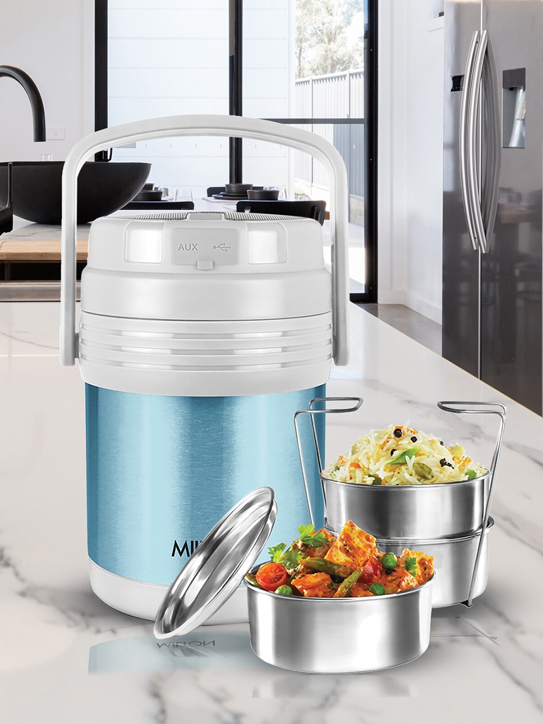 

Milton Woofer 3 Set Of 3 Cyan Thermosteel Wireless Bluetooth Speaker Tiffin 300 ml, Blue