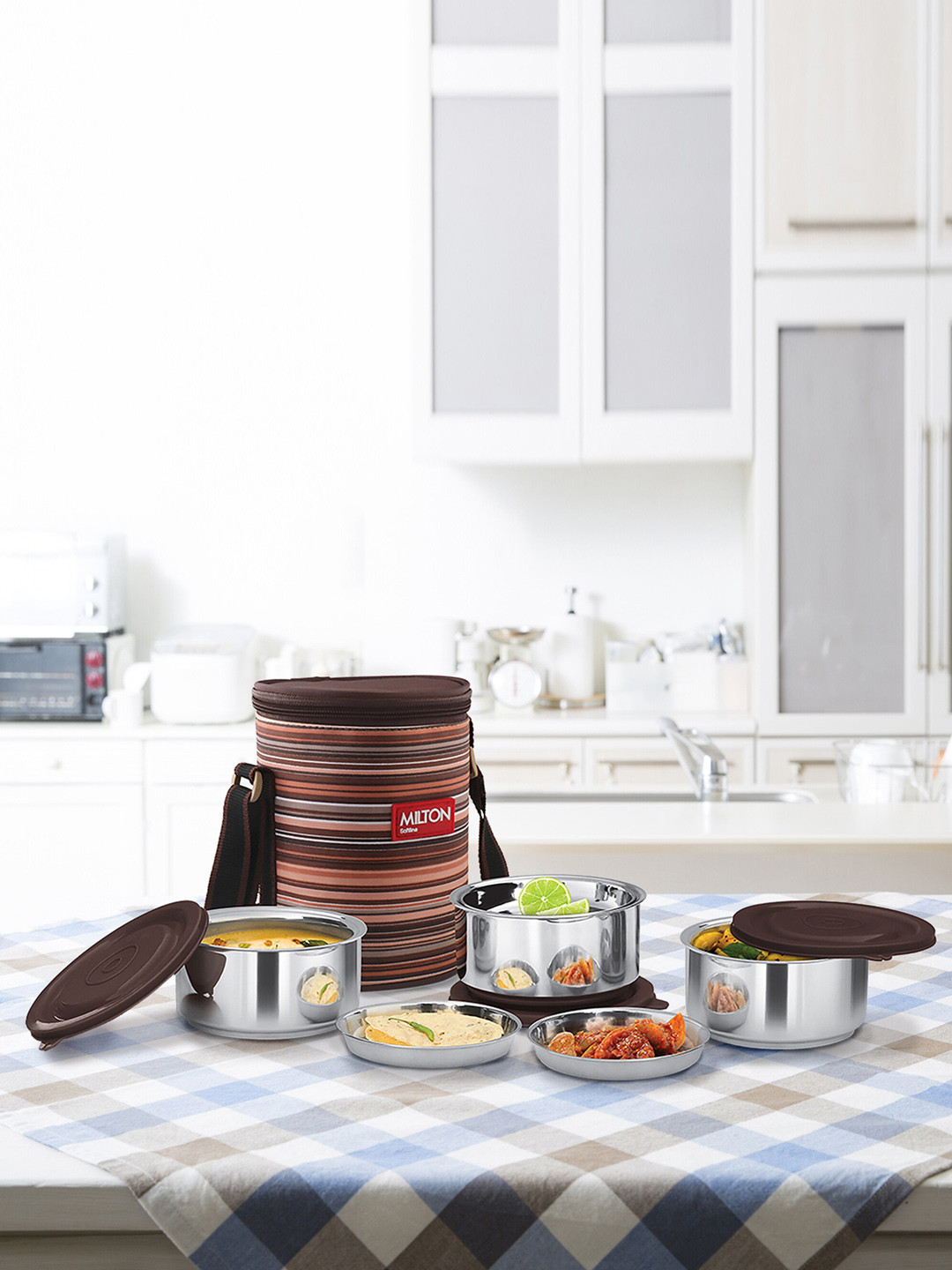 

Milton Ribbon 3 Pieces Brown Stainless Steel Lunch Box With Jacket 50 ml Each