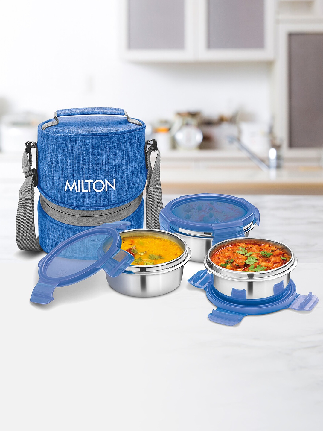 

Milton Chic Set Of 3 Blue Stainless Steel Tiffin Box With Jacket 300 ml Each