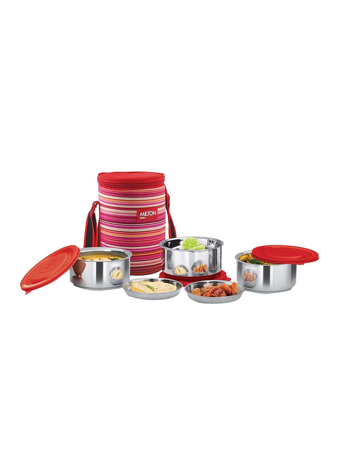 

Milton Ribbon 3 Set Of 3 Red Stainless Steel Lunch Box With Jacket 350 ml Each